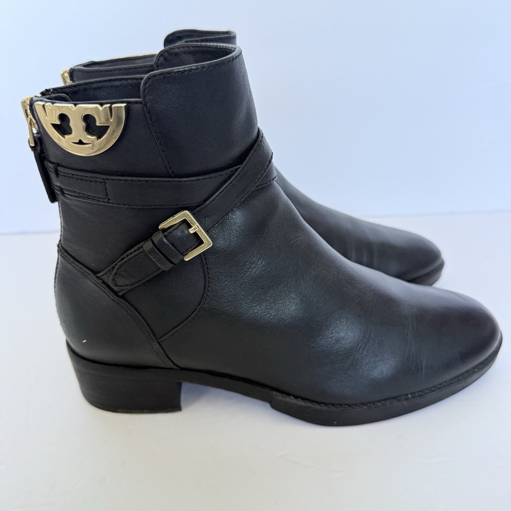 Tory Burch Sidney Women's Size 6M Leather Ankle Booties Black Gold Logo Harness